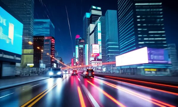 Night City Drive: Neon Lights and Cityscape
