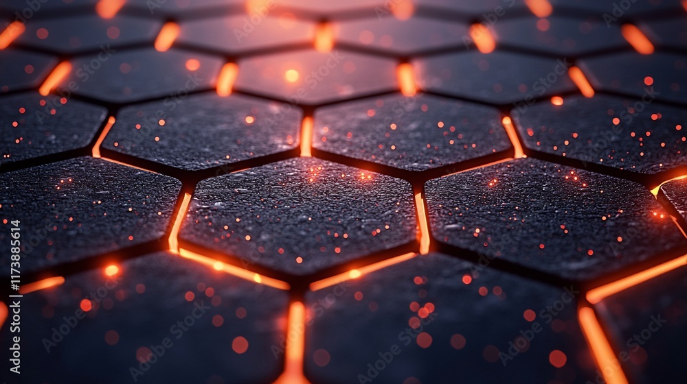 Poster glowing hexagonal pattern, dark metallic surface with embers.