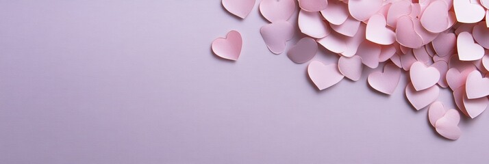 Many small pink paper hearts forming a romantic background for valentine's day, mother's day, wedding or other love related events, with copy space on the left