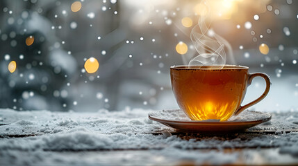 steaming cup of tea placed on a snowy surface, with warm bokeh lights glowing in the background, creating a cozy and festive winter atmosphere.winter-themed decor, cozy winter