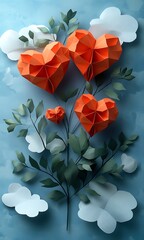 Paper flowers and hearts in a romantic arrangement


