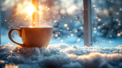 steaming cup of coffee or tea placed on fresh snow with golden sunlight streaming through, creating a cozy and magical winter morning atmosphere. cozy lifestyle, holiday, hot beverage products