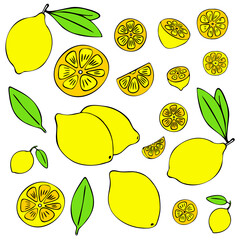 Lemon Bundle. A set of colorful doodle hand-drawn lemons, whole, half, slice, leaves. Isolated on a white background. For web, digital, print, kitchen design, menus, stickers, banners, posters