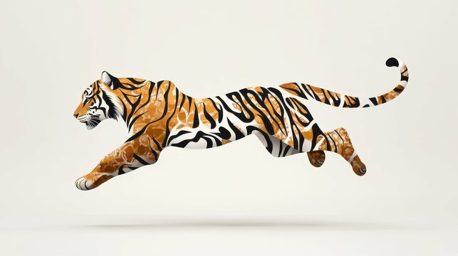 Dynamic tiger leaping in mid-air wildlife setting digital art artistic environment side view motion concept