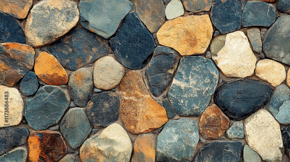 Poster natural stone wall with various textures and colors creating an artistic mosaic in a rustic setting.