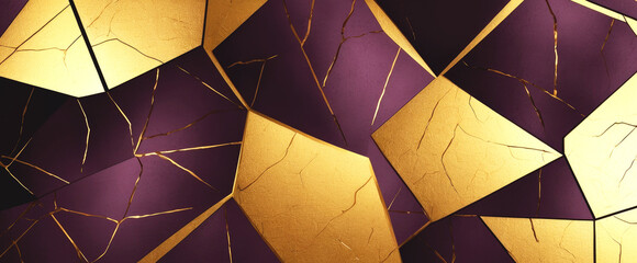 Pulsating geometric patterns in deep plum with gold cracks create a bold and dramatic backdrop.
