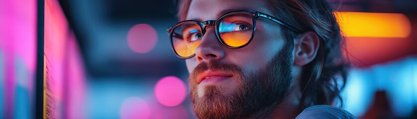 A stylish young man with glasses looks thoughtfully at colorful screens in a vibrant, neon-lit environment.