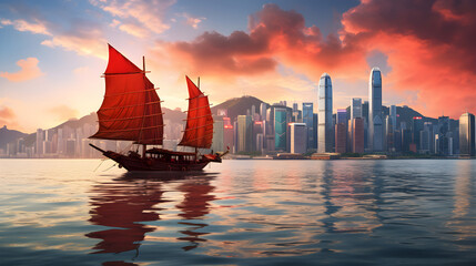 Breathtaking Sunset Over The Vibrant Hong Kong Skyline With The Majestic Victoria Peak In The Distance