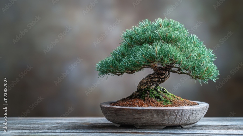 Poster elegant bonsai tree displayed on rustic wooden surface with soft natural light highlighting its intr