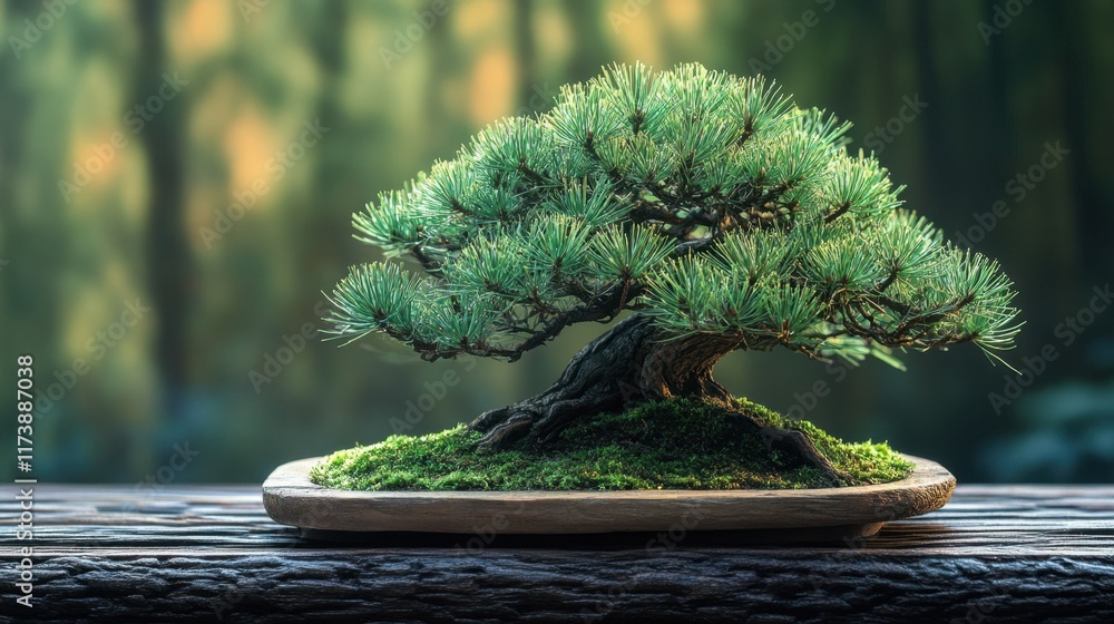 Poster bonsai tree thriving in serene atmosphere with soft sunlight illuminating green foliage in a tranqui