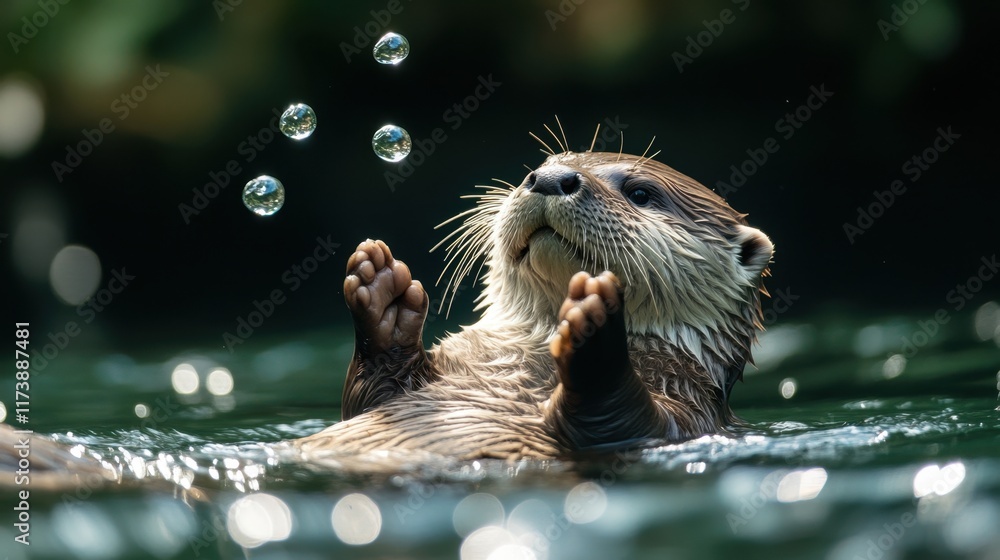 Poster playful otter floats on its back, surrounded by shimmering bubbles in a serene water environment dur