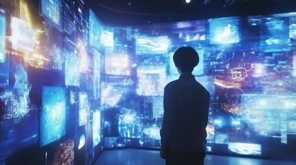 Obraz premium Person observes vibrant digital data screens.
