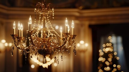  A beautiful chandelier made of shimmering Christmas lights, casting a warm glow in a festive room