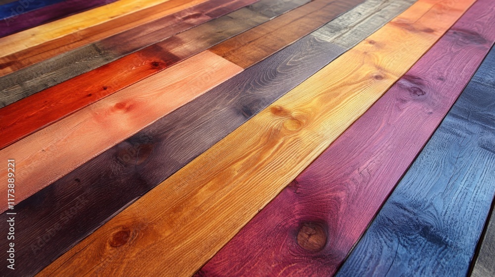 Poster vibrant display of assorted wooden planks showcasing rich colors and textures in a craft workshop en