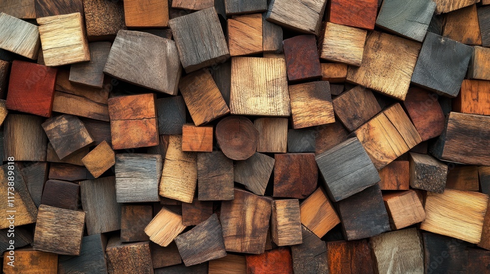 Poster Natural harmony of wooden blocks arranged in a rustic display showcasing textures and colors in a warm environment. Generative AI