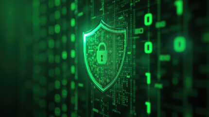 Digital security shield with glowing binary code in a cyber environment