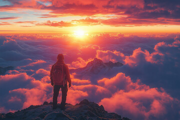 Fototapeta premium Photo réaliste d’un lever de soleil spectaculaire sur des montagnes, avec des rayons de lumière perçant les nuages et illuminant le sommet