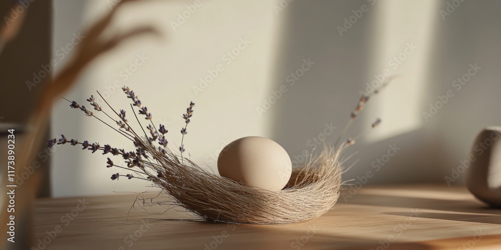 Poster a delicate scene featuring a simple egg resting in a natural nest made of dried grasses. soft shadow