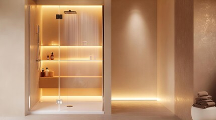 Enclosed shower room with steam settings, glowing shelves, and calming neutral tones
