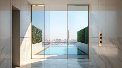 Floor-to-ceiling glass shower with a view of an infinity pool, marble and gold accents