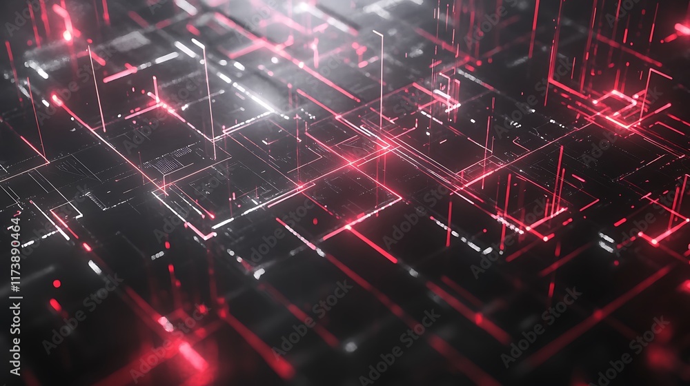 Poster abstract digital network red lines illuminate dark surface