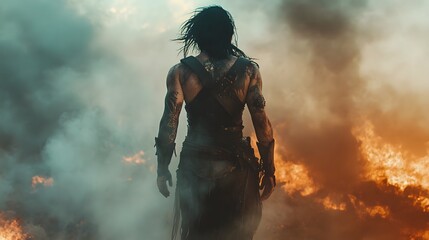Fototapeta premium Black-haired barbarian in a steampunk outfit and tattoo