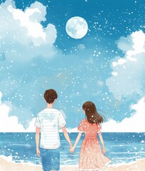 young teenagers on the beach painted with watercolor paints.