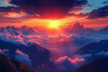 Fototapeta premium Photo réaliste d’un lever de soleil spectaculaire sur des montagnes, avec des rayons de lumière perçant les nuages et illuminant le sommet