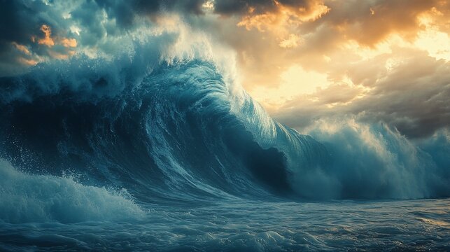 Dramatic ocean wave crashing at sunset.