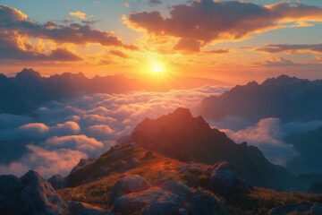 Fototapeta premium Photo réaliste d’un lever de soleil spectaculaire sur des montagnes, avec des rayons de lumière perçant les nuages et illuminant le sommet