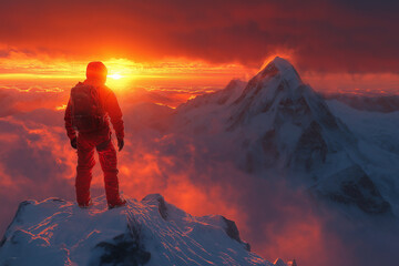 Fototapeta premium Photo réaliste d’un lever de soleil spectaculaire sur des montagnes, avec des rayons de lumière perçant les nuages et illuminant le sommet
