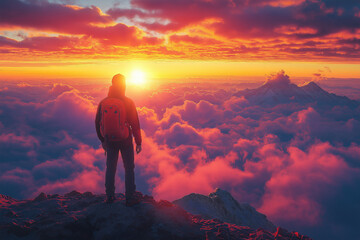 Fototapeta premium Photo réaliste d’un lever de soleil spectaculaire sur des montagnes, avec des rayons de lumière perçant les nuages et illuminant le sommet