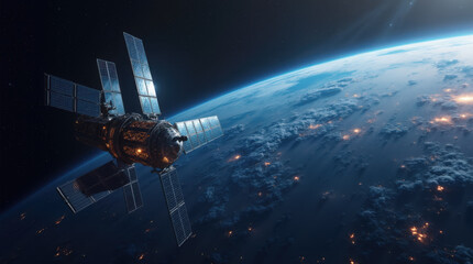 Satellite orbits Earth, capturing stunning views of the planet's surface and atmosphere during nighttime
