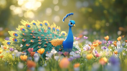 Obraz premium Cartoon peacock in a colorful flower field.