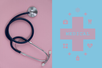 Fototapeta premium medical aid, pink and blue background, stethoscope and medical cross