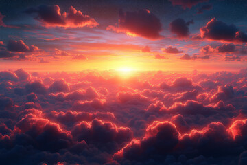 Photo réaliste d’un lever de soleil spectaculaire sur des montagnes, avec des rayons de lumière perçant les nuages et illuminant le sommet