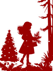 silhouette of a girl in a winter forest at Christmas,