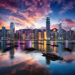 Fototapeta premium Breathtaking Sunset Over The Vibrant Hong Kong Skyline With The Majestic Victoria Peak In The Distance