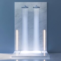 Luxurious marble shower with dual rain heads, glowing side walls, and calming foggy reflections