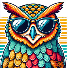 a colorful owl wearing sunglasses, looking forward, vector illustration on a white background