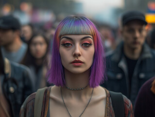 A portrait of a woman with brightly coloured hair on the street