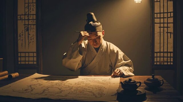 Historical figure studies an ancient map while surrounded by traditional decor in a dimly lit room