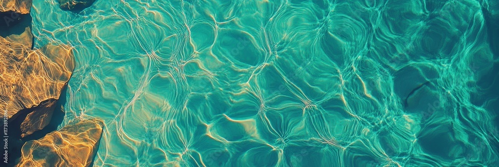 Poster sunlight reflecting on a clear turquoise water surface creates stunning patterns, with rocks visible