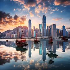 Fototapeta premium Breathtaking Sunset Over The Vibrant Hong Kong Skyline With The Majestic Victoria Peak In The Distance