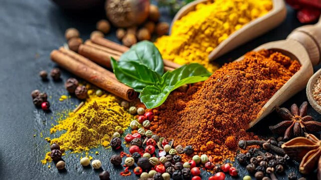A vibrant array of spices and herbs displayed on a black background, showcasing a variety of colors and textures ideal for culinary art and flavor enhancement