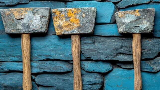 Three wooden-handled hammers resting against a blue stone wall in a rustic scene.