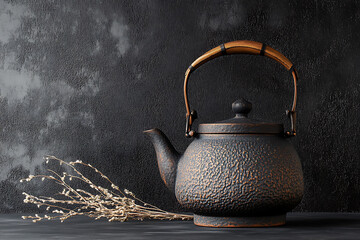 Rustic Asian Teapot on Dark Background