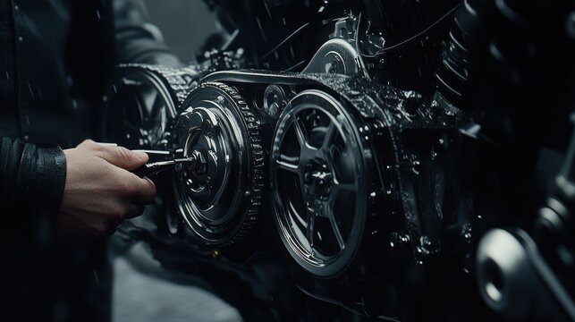 Close-up of a mechanic's hand working on a motorcycle engine. Ideal for motorcycle repair manuals, websites, or social media promoting motorcycle maintenance services. - Powered by Adobe