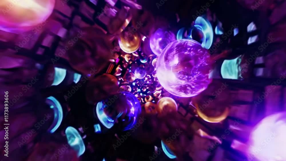 Poster journey through a vibrant tunnel of colorful orbs and lights in an immersive visual experience