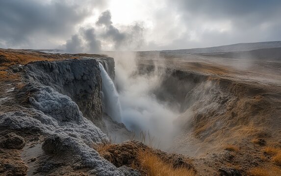 Majestic Icelandic Waterfall Amidst Misty Landscape